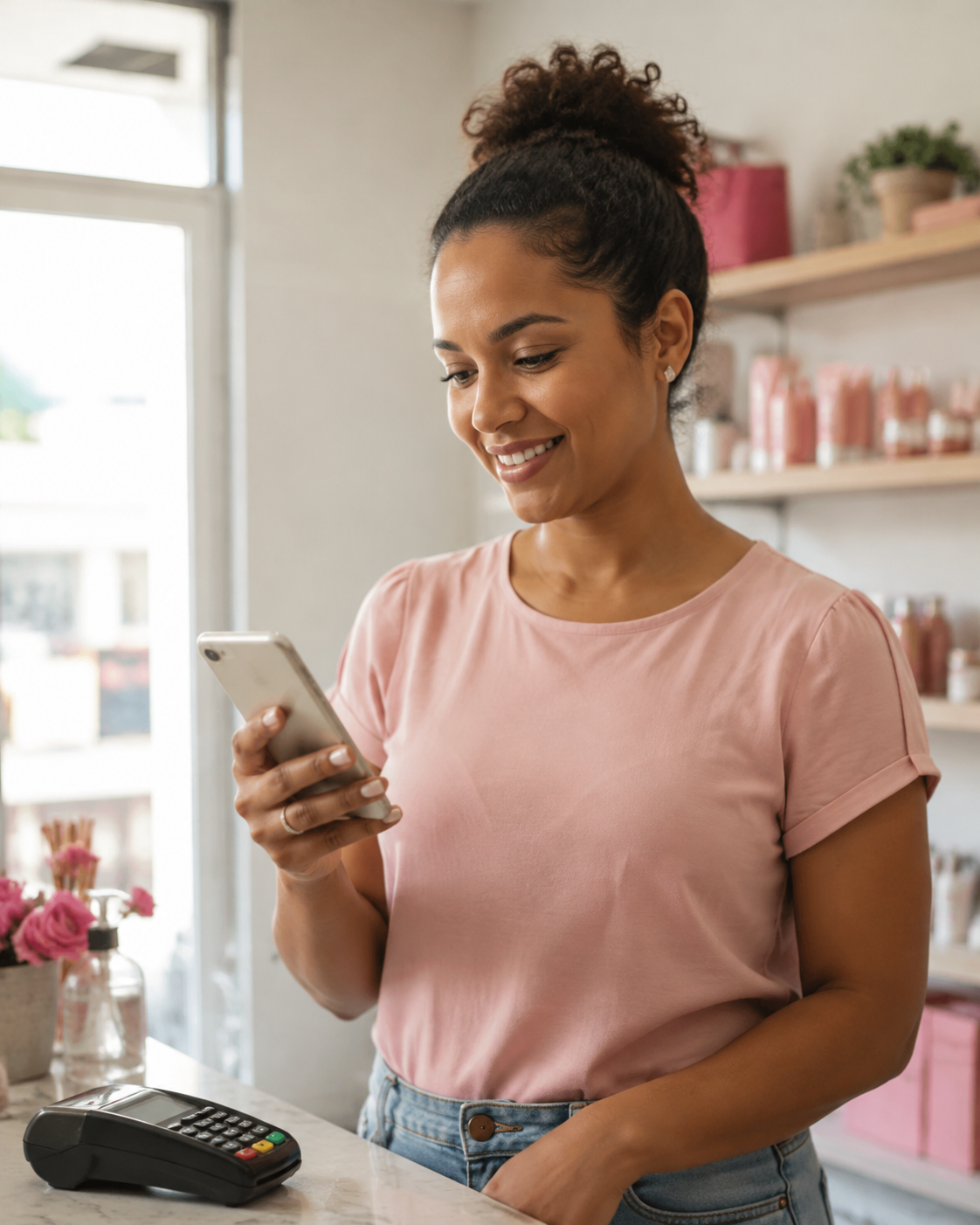 Empreendedora acompanhando um pagamento pelo celular em seu comércio